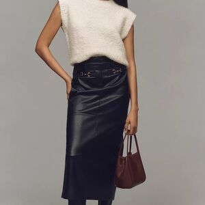 Avec Les Filles Faux-Leather Equestrian Buckle Midi Skirt